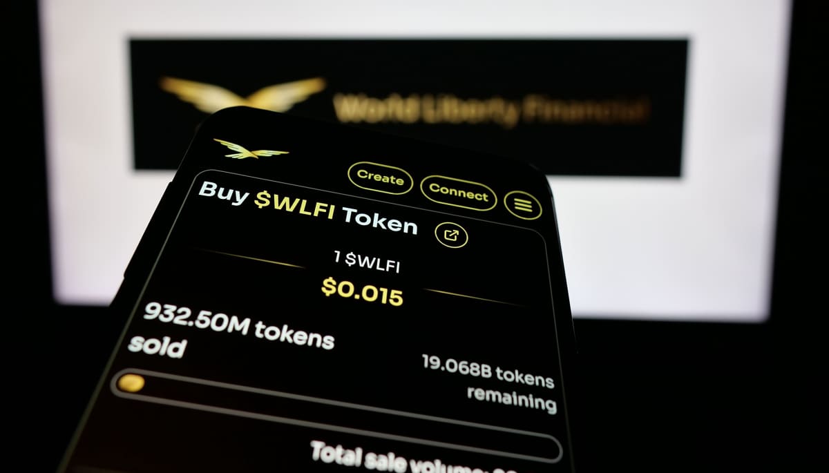 Een afbeelding van de cryptomunt World Liberty Financial (WLFI), de token van de familie Trump