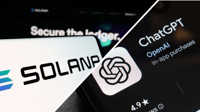 Een split image met het logo van Solana (SOL) links en het logo van ChatGPT rechts